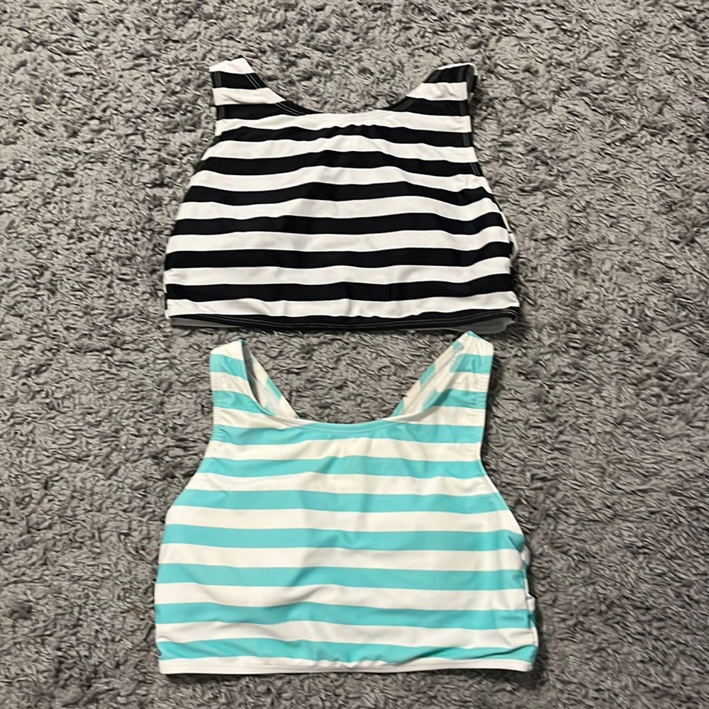 Kids large bathing suit tops. From kohls. Black/white and black/green stripes.